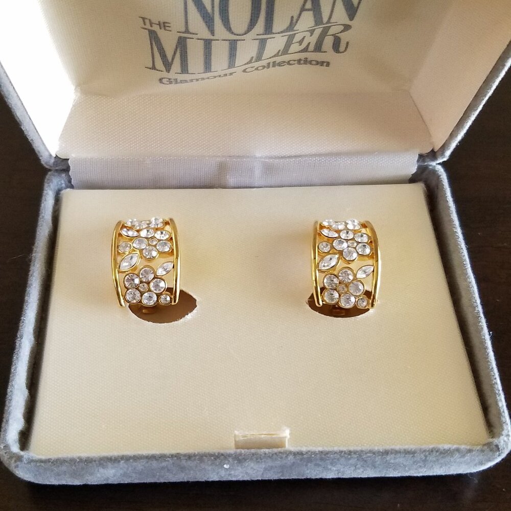 Nolan Miller Cuff Earrings Hoop Clip on Crystal Rhinestone Gold Plated Dressy
